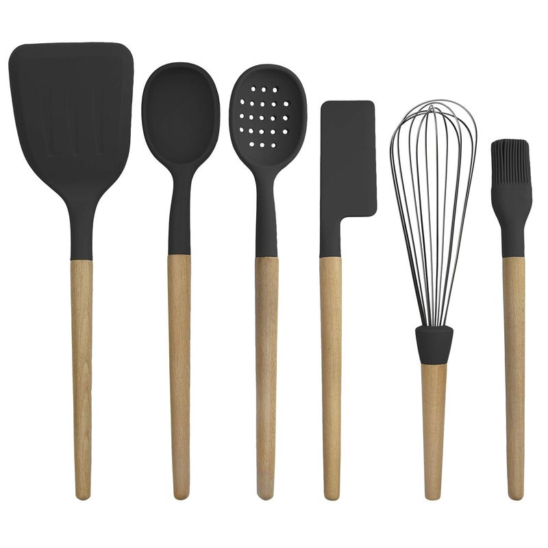 Country Kitchen Non Stick Silicone Utensil Set with Rounded Wood Handles for Cooking and Baking, 6 Piece Set, Black - Image 1